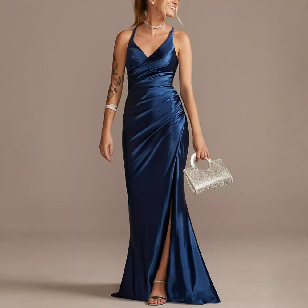 Jules & Cleo Royal Blue Ruched Stretch Satin Gown Size 8